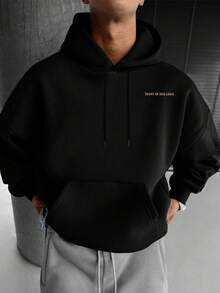 男士休闲信仰与励志图案印花连帽卫衣，适合秋冬季节，长袖上衣 - 黑色 - 查看 3