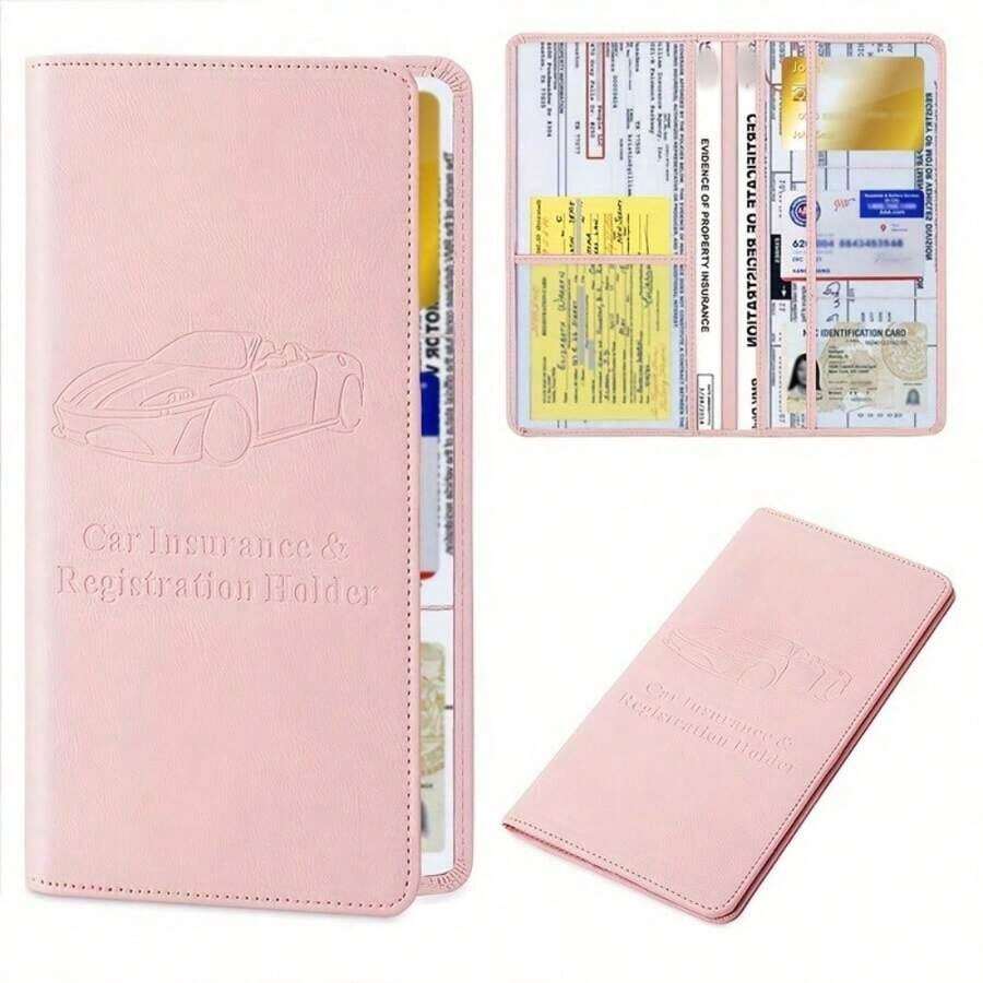 PU Leather Car Registration And Insurance Holder, Vehicle Registration And Insurance Card Holder Car, Auto Document Holder Glove Box Organizer Car Insurance Folder, Auto Glovebox Organizer Car Glove Compartment Organizer Women And Men - Pink - 黑色 - 查看 1