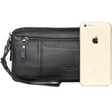 Bolso de mano de piel auténtica unisex, bolso de mano, bolso de mano, bolso para teléfono celular, Mediano Negro - 1 - Ver 8