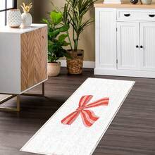 1pc Minimalist Style Red & Pink Striped Bow Pattern Printed Faux Wool TPR Bottom Doormat, Bathroom Mat, Kitchen Mat, Laundry Room Mat, Holiday Decor, Home Decor, Party Decor, Wedding Decor, Dining Decor