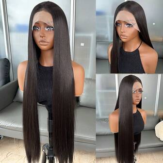 Black 13x4 Synthetic Lace Front Wigs For Women 30 Inch Long Straight Glueless Kanekalon Hair Resistant Synthetic Hair Wigs Free Part 150% Density Transparent Lace Wigs Heat Ready To Wear Synthetic Wigs For Women Daily Party Vacation Holiday Use
