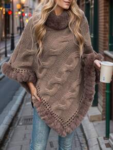 1pc Women Loose Knit Poncho Sweater With Fur Collar, Thick Outerwear Cloak Top
