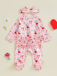 Conjunto de 2 piezas para niñas pequeñas, mono con estampado de corazón, cuello redondo, manga larga y pies largos con diadema de lazo - Colores mixtos - Ver 3