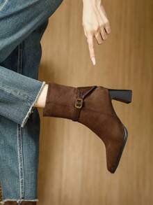 Women's Suede French Style High Heel Ankle Boots, Fashion Square Toe Chunky Heel Slim Boots, Retro Single Booties