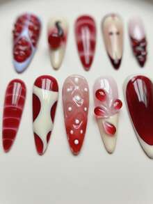 Brighten Your Nails – 10PCS Fall/Winter Long‑Length Almond Handmade Press On Nails, Red Gradient Cream French Tip Nails With Hand‑Painted Apple, Strawberry & Pomegranate Art, Droplet & Cherry 3D Emboss, Removable Reusable Nail Set (Includes Nail Glue & Nail File) – & Cute Christmas Nails Autumn Winter Nails