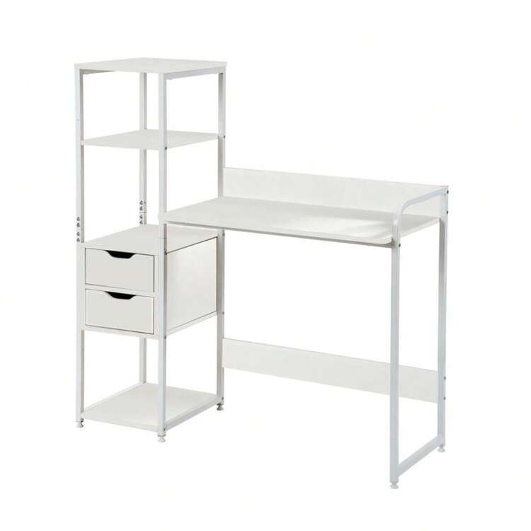 ホワイト】パソコンデスク 引き出し付き 3段シェルフ付 パソコンデスク