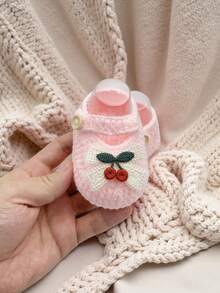 1 Pair Baby Girls' Cherry Mary Jane Ankle Boots, White Knit With Button Strap - Baby Pink - View 2