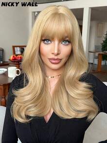 NICKY WALL 女士金色长卷发假发，带刘海，外观自然，耐热合成纤维，适合日常、派对、圣诞节等场合，24英寸 - 金色 - 查看 2