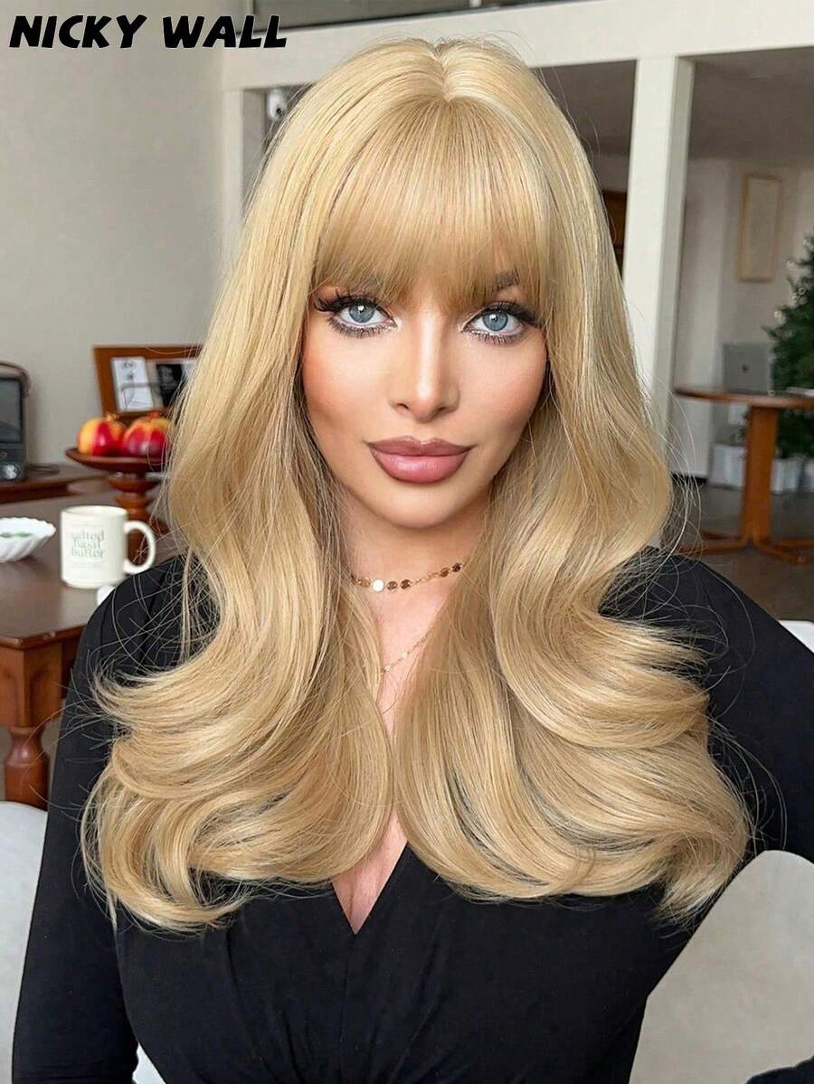 NICKY WALL 女士金色长卷发假发，带刘海，外观自然，耐热合成纤维，适合日常、派对、圣诞节等场合，24英寸