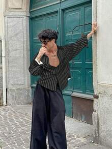 Men's Striped Long Sleeve Shirt, Fashionable Casual Style, Suitable For Spring And Autumn - Black - View 2