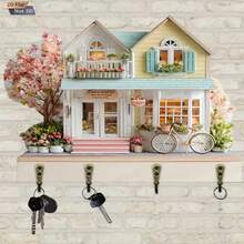 Decorative Cottage Key Holder Wall Mount Creative Wooden 2D Flat Key Hanger For Wall Home Kitchen Office - 彩色 - 查看 2