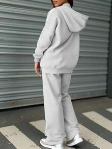 2 件纯色休闲拉链连帽衫套装，适合海滩、办公室、运动、家居、街头、春季、秋季、冬季、毕业典礼、返校、女教师、秋装、冬装、万圣节服装、沙特国庆节服装 - 淺花灰 - 查看 3