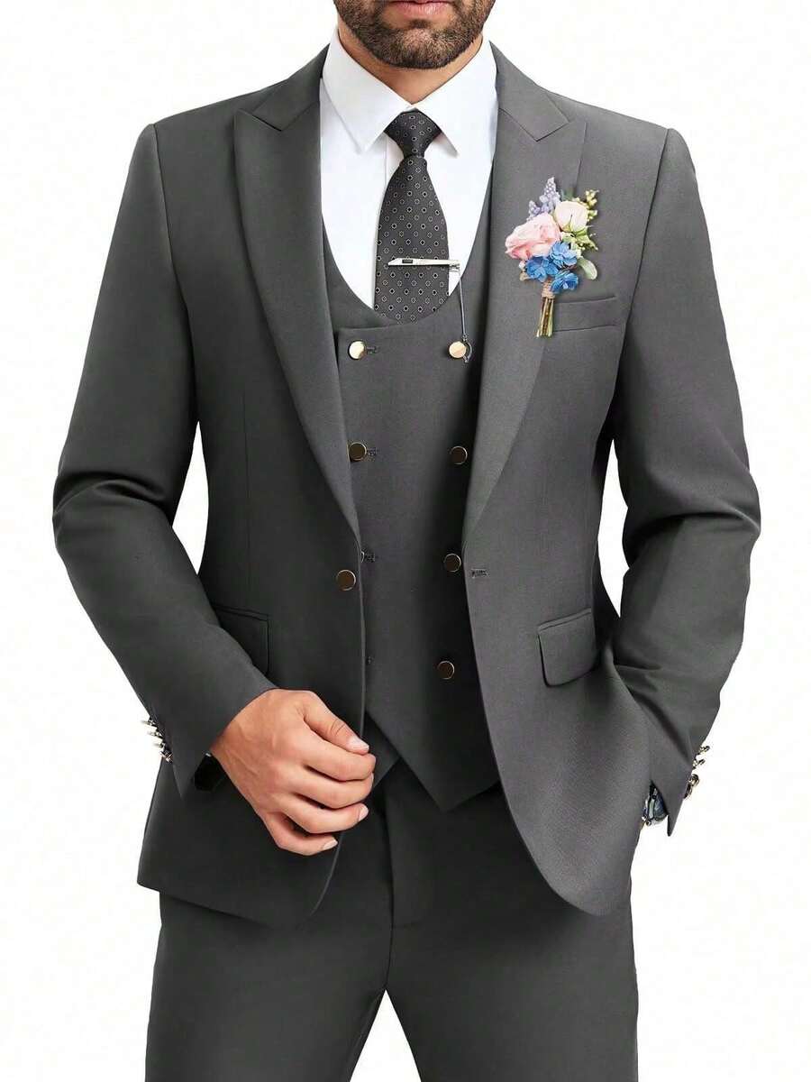 Mens Suit 3 Piece Slim Fit Double Breasted Vest Men's Suits Tuxedo Set Casual Jacket Blazer Vest Pants Groom Wedding - 深灰色 - 查看 1