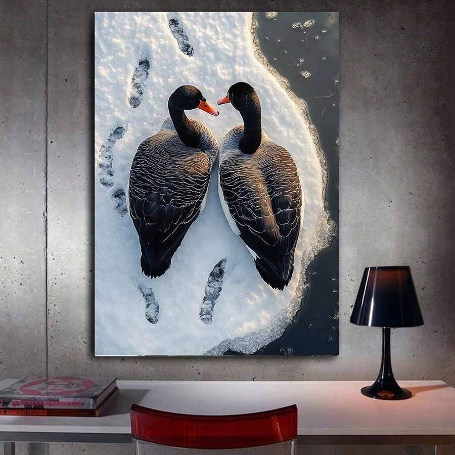 1Pc 2D Flat Framed Ready To Hang, Two Black Geese Facing Each Other On Snowy Ice Canvas Wall Art, Prints, Canvas Posters, Painting, Wall Art, Wall Decor, Art Poster, Apartment Room Decor Aesthetic, Wrapped Framed Canvas Print, Home Decor, Living Room Office Hallway Dorm Wall Decor, Posters And Prints Wall Art Pictures For, Artwork Suitable For Living Room And Dining Room Decoration Painting, Modern Home Decoration, Realistic Winter Bird Canvas Print, Nature Themed Wall Art For Living Room, Bedroom, Office, Perfect Gift For Bird Lovers, Rustic Home Decor - 黑色 - 查看 1