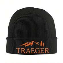 1pc Traeger Pellet Grill Smoke BBQ Essential Warm Knitted Cap, Acrylic Hip Hop Bonnet Hat, Black With Orange & White Logo, Mountain Design, For Adults, Perfect For Outdoor Grilling & Winter Activities, BBQ Apparel & Accessories, Without Battery - màu đen - Xem 3