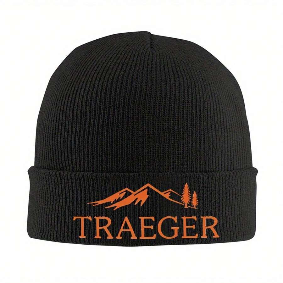 1pc Traeger Pellet Grill Smoke BBQ Essential Warm Knitted Cap, Acrylic Hip Hop Bonnet Hat, Black With Orange & White Logo, Mountain Design, For Adults, Perfect For Outdoor Grilling & Winter Activities, BBQ Apparel & Accessories, Without Battery - 黑色 - 查看 1