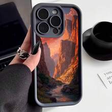 Cubierta de teléfono con diseño de paisaje montañoso al atardecer color negro con impresión de cañón y río para uso diario y viajes - Negro - Ver 1