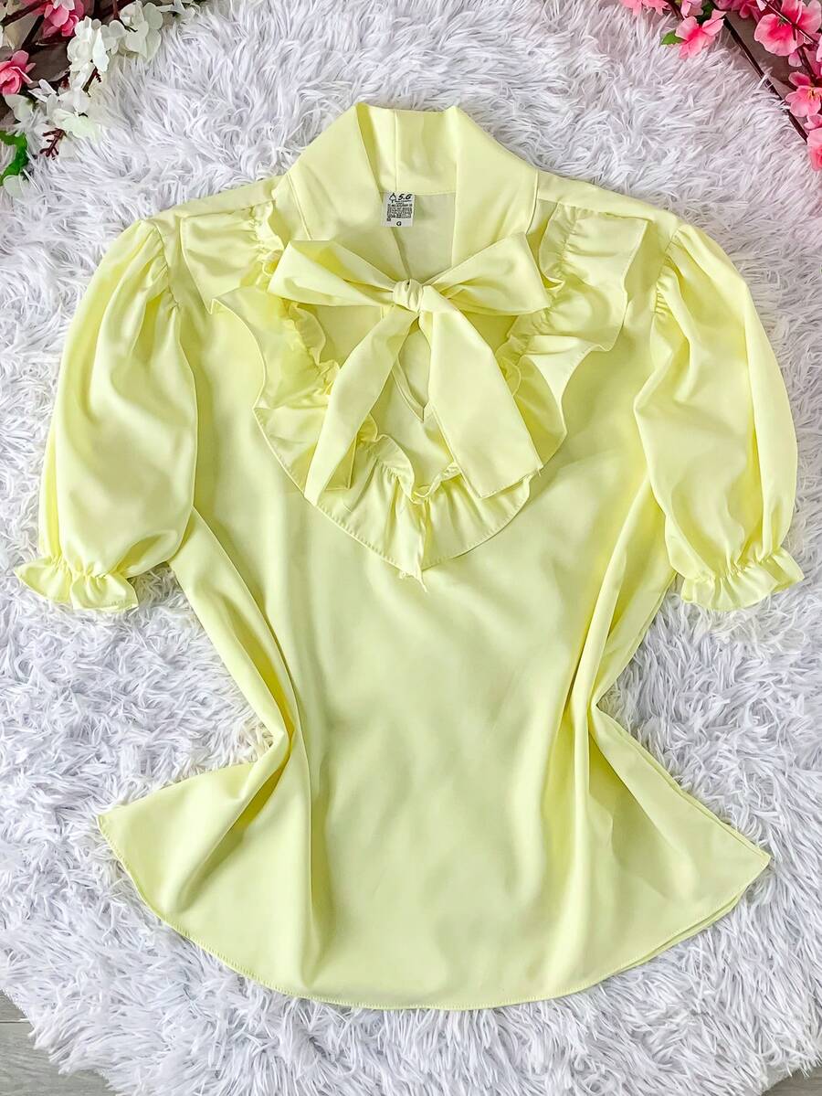 Women's Short-Sleeved Blouse With Puff Sleeves, Ruffles, And Bow - Size 4 - Light Yellow - View 1