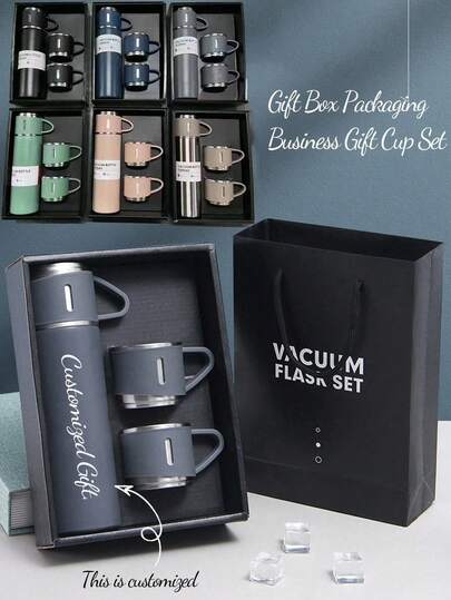 1 Set Custom Designed Insulated Cup Set, Portable Handheld Single Cup With 3 Lids, Stainless Steel Business Gift Box, 500ml 304 Stainless Steel Portable Outdoor Travel Mug With 3 Lids, Custom Exclusive Gift Box Set