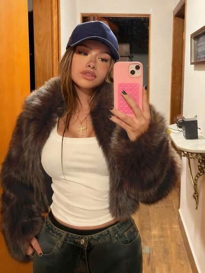 女士棕色仿毛领长袖开襟纯色蓬松外套，宽松短款休闲毛绒大衣，优雅时尚，适合秋季、夜间外出、派对、约会、乡村、返校、休闲、度假等多种场合。