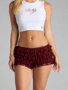 Women's Y2k Layered Lace Shorts Casual Stylish Solid Color Elastic Waist Low Rise Shorts Casual Mini Shorts For Spring/Summer Streetwear Beach Party Wear - 降紅色 - 查看 1
