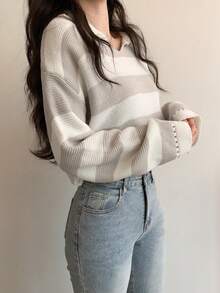 Casual Colorblock Striped Loose Cropped Knit Sweater, Autumn/Winter - Grey - View 7
