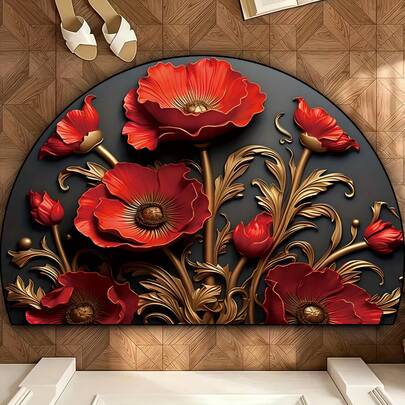 1pc Elegant Red Poppy Flower Pattern Gold Velvet Half-Round Welcome Mat, Machine Washable, Suitable For Indoor Kitchen, Bedroom, Entryway, Patio, Daily Use, Farmhouse Style Decor, Housewarming, Thanksgiving, Christmas Gift