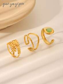 3pcs Set Minimalist Stainless Steel 18K Gold Plated Hollow Leaf & Flower Design Rings For Women, Suitable For Daily, Festival, Date, Birthday, New Year Celebration Accessories Or Gift