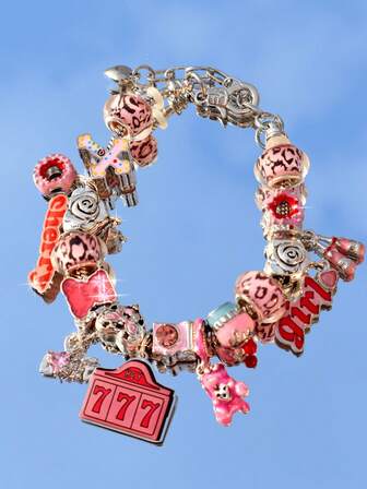 1 pieza Pulsera con múltiples dijes estilo Y2K, dije con el número de la suerte 777, dije con eslogan de cereza, dijes de oso lindo, pastel, cruz con agujero grande, cuentas con estampado de leopardo rosa, cuentas con agujero grande en forma de rosa para pulsera DIY