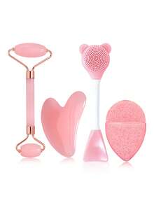 4/7/8/10pcs/Set Facial Beauty Care & Massage Tool Kit Combo - Face Massage Scraper, Roller, Ice Mold, Cleansing Brush, Face Mask Brush, Washing Sponge, Headband, Wristband, Toiletry Bag, Makeup Bag