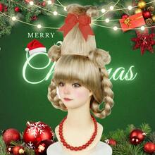 Blonde Braided Wig With Red-Bow Earrings Christmas Cindy Wig With Accessories For Halloween Christmas Costume Party - 金髮辮子 - 查看 6