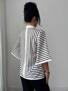 Blusas a rayas casuales, elegantes y diarias con botones delanteros, adecuadas para usar en casa, brunch, primavera, verano y el Día de San Valentín - Multicolor - Ver 3