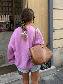 浪漫粉色圆领长袖针织衫，宽松简约时尚，情人节和新年新品，秋冬休闲款 - 粉色 - 查看 7