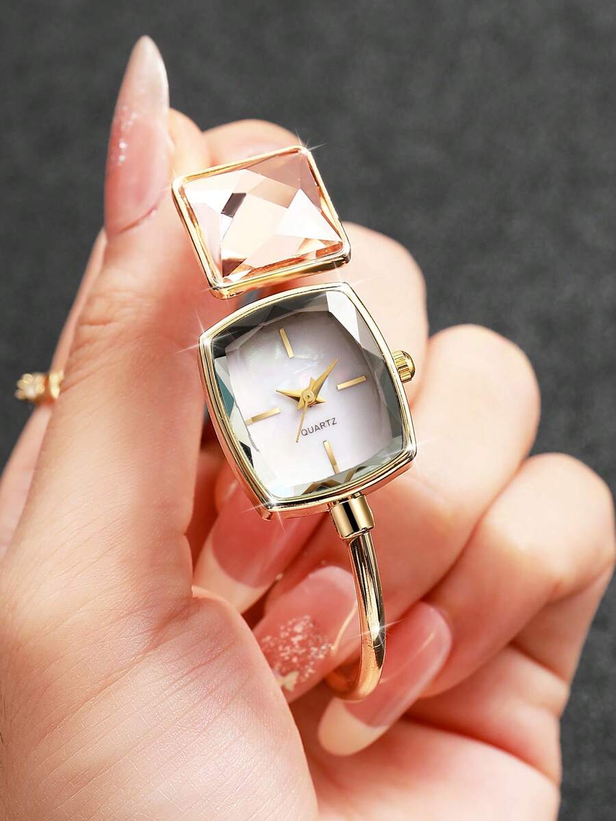 1 buah Jam Tangan Gelang Berlian Imitasi Elegan, Jam Tangan Quartz Wanita Minimalis Mungil dengan Dial Persegi, Serbaguna - Emas - View 1