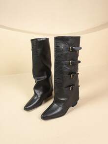 Retro High Shaft Boots, French Style Versatile Western Cowboy Boots, Knee-High Boots For Petite Women, Buckle Strap Shoes