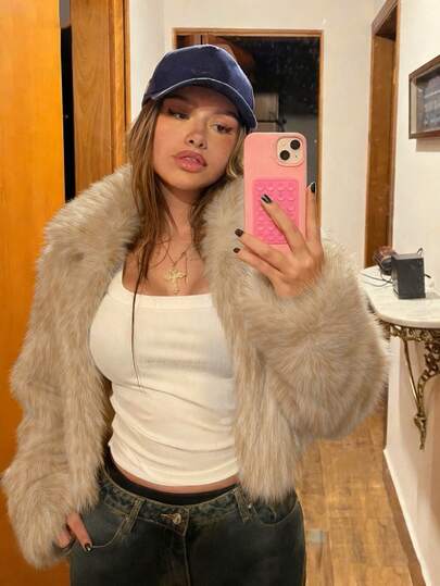 女士米色仿皮草外套，长袖开襟纯色翻领蓬松夹克，宽松短款休闲皮草外套，优雅时尚，适合秋季、夜间外出、派对、约会、乡村、返校、休闲、冬季度假等场合。