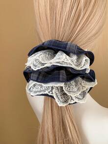 1pc Elegant Lace Multilayer Hollow Floral Hair Scrunchie, Unique Design, Versatile For Daily Use ,Hair Ties ,Scrunchy Hair Ties Ponytail Head Accessories Elastic Band - Navy - View 4