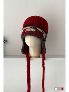 女士费尔岛针织护耳帽，秋冬保暖帽，带耳罩，适合小脸型，费尔岛复古提花针织帽，户外骑行防风多功能飞行员帽