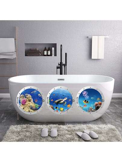 3 piezas Pegatinas de pared de animales marinos del mundo submarino, pegatinas de pared 3D extraíbles de tortuga marina, pez y paisaje oceánico tipo portilla, adecuadas para sala de estar, baño y aseo