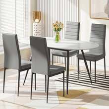White Marble Table + 4 Gray PU Chairs (black Legs)