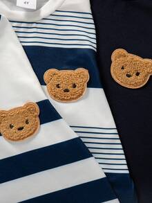 3件套男童休闲日常时尚印花条纹圆领长袖T恤，春秋季 - 藍色 - 查看 4