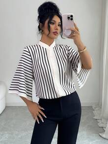 Blusas a rayas casuales, elegantes y diarias con botones delanteros, adecuadas para usar en casa, brunch, primavera, verano y el Día de San Valentín - Multicolor - Ver 4