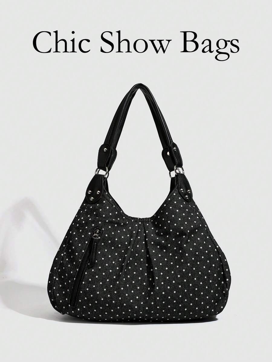 Niche Design Polka Dot Canvas Bag Women 2025 New Commuter Shoulder Bag Large Capacity Tote Bag Casual Underarm Bag - Black - View 1