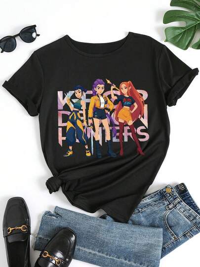 Camiseta gráfica para mujeres - Diseño "K-Pop" con personaje de cabello morado, camiseta casual negra de manga corta, ajuste holgado, cuello redondo, colección primavera/verano, ropa casual| y Ropa casual| Comfortable Fit, y fashion, Kpop Fans, Fan Collectible Apparel, y Shirt, Fancollectibleofertas playera de hombretops sudaderas para mujer