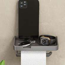 1个带置物架的卫生纸架，壁挂式纸巾架，多功能浴室卫生纸收纳盒，壁挂式卫生纸架，采用防锈材料制成，自粘式设计，实用方便 - 彩色 - 查看 3