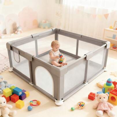 Nawahev Baby Playpen For Babies And Toddlers,Large Play Yard With Mat Indoor & Outdoor Fence With Breathable Mesh, Anti-Fall Design, Easy To Assemble, Grey