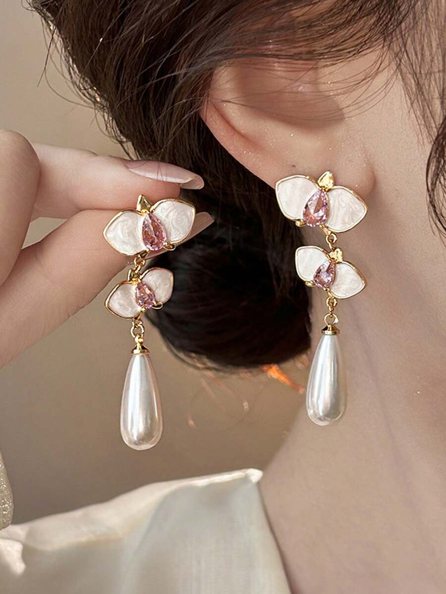 1 Coppia di orecchini a goccia in perla smaltata con orchidea farfalla retrò, gioielli di moda da donna, adatti per banchetti, feste, appuntamenti quotidiani e uso quotidiano