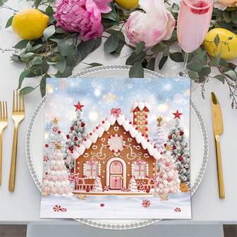 20pcs/40pcs/60pcs/Set,Christmas Gingerbread House Paper Towel Snow View Christmas Tree Disposable Napkins Christmas Candy House Printed Decorative Napkins Party Supplies Table Decor