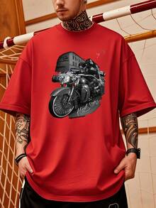 Rebel Biker In Front Of A Bank Symbolizes Freedom And The Courage To Face Risks, Showing A Powerful Connection Between Strength, Speed, And Individual Challenge In A Modern Urban Environment. 220g Men's T-Shirt - Red - View 1