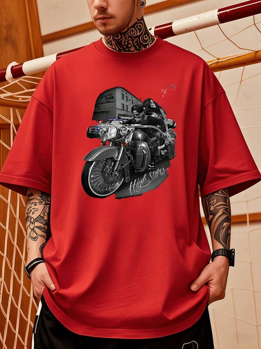 Rebel Biker In Front Of A Bank Symbolizes Freedom And The Courage To Face Risks, Showing A Powerful Connection Between Strength, Speed, And Individual Challenge In A Modern Urban Environment. 220g Men's T-Shirt - Red - View 1